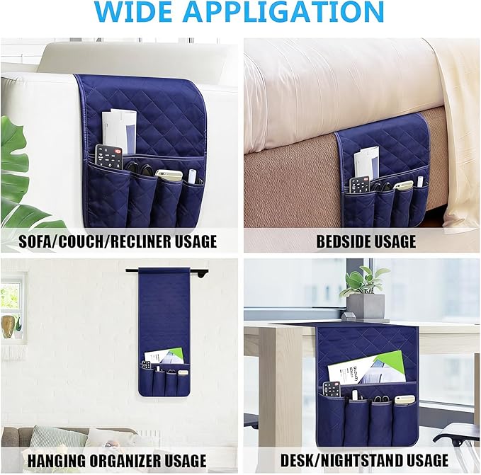 Sofa Armrest Organizer Non-Slip Arm Chair Bedside Caddy Storage Organizer for Recliner Couch with 5 Pockets for Cell Phone TV Remote Control Magazines (BLUE)
