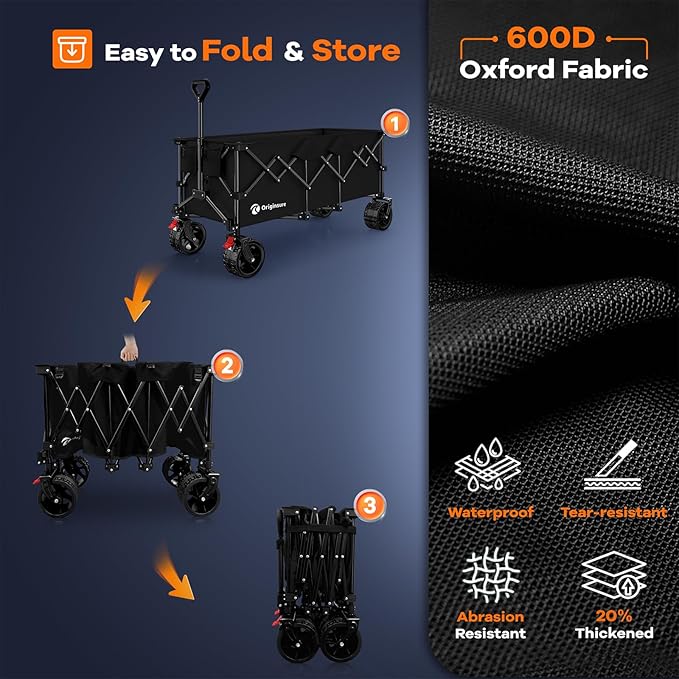 48" L Folding Beach Wagon Cart Foldable, 560lbs Weight Capacity 300L Heavy Duty Collapsible Wagons with Big All-Terrain Wheels, Utility Carts for Groceries, Shopping, Camping, Sports - Black