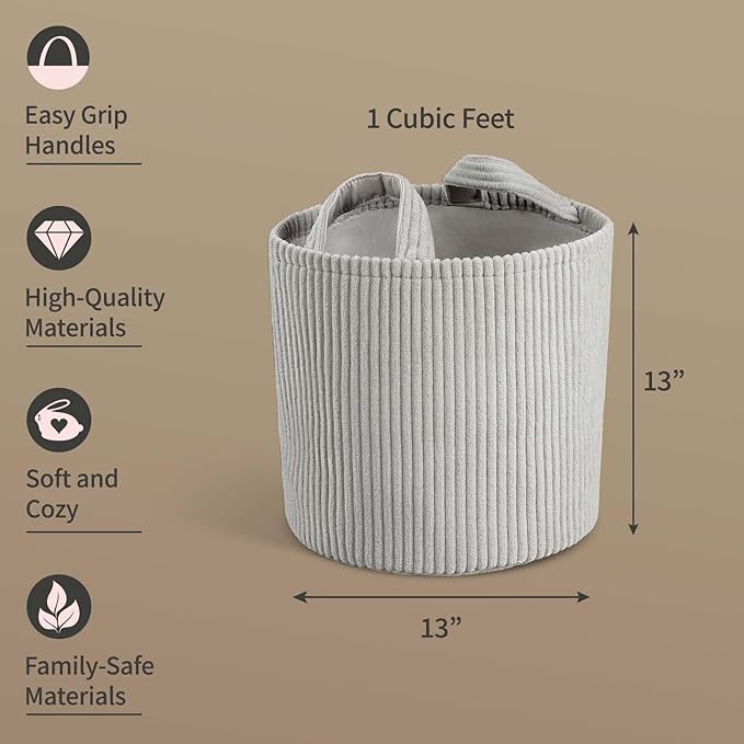 PUTSKA Blanket Basket – Round Storage for Toys and Blankets, Clothes, Stuffed Animals – Soft Baby Girl Basket for Nursery, Kids Room, Bedroom, Living Room – Regular, Grey