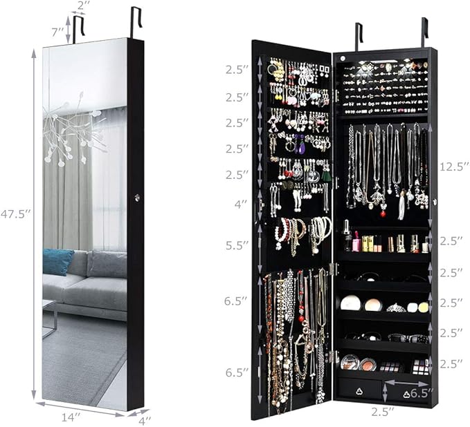 Giantex Wall Door Mounted Jewelry Armoire Cabinet with 47.5" H Full Length Mirror, 2 LEDs Lockable Jewelry Organizer Box with Bracelet Rod, 2 Drawers, Large Storage Capacity (Black)
