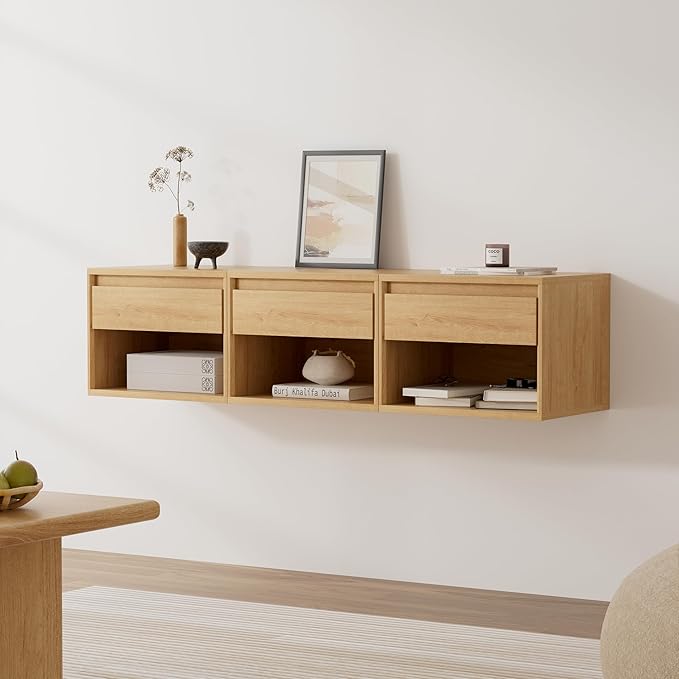 Floating Nightstand Set of 3, Wall Mounted Bedside Table with Storage Drawer and Open Shelf, Modern Night Stand with Handless Design for Living Room, Bedroom, Dorm, Natural Oak