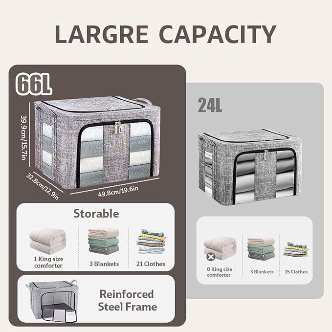 Clothes Storage Bins 50x40x33cm, 66L Waterproof Foldable Fabric Container, Ideal for Bedroom, Closet, Apartment, Home, Bed Sheets, Comforters, Toys, Garments