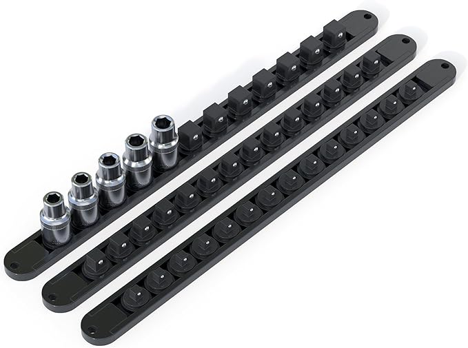 FivePears 3PCS 360° Socket Organizer Twist Lock,3/8 1/4 1/2 Socket Storage Rails, Premium Quality Socket Holders for Tool Box ，Tool Carts，Contains up to 40 Clips (Blue, Red and Black)
