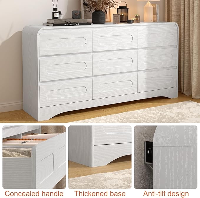 Dresser for Bedroom with 9 Drawers, 63" Large Modern Dressers & Chest of Drawers with Curved Profile Design, Wood Closet Clothes Storage Long Dressers Organizer for Bedroom Living Room Hallway, White