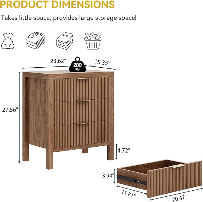 6 Drawer Dresser, Chest of Drawers Organizer with Waveform Panel, Large Fluted Dresser with Wide Drawers and Golden Handles, Wood Storage for Bedroom, Hallway, Entryway, Walnut