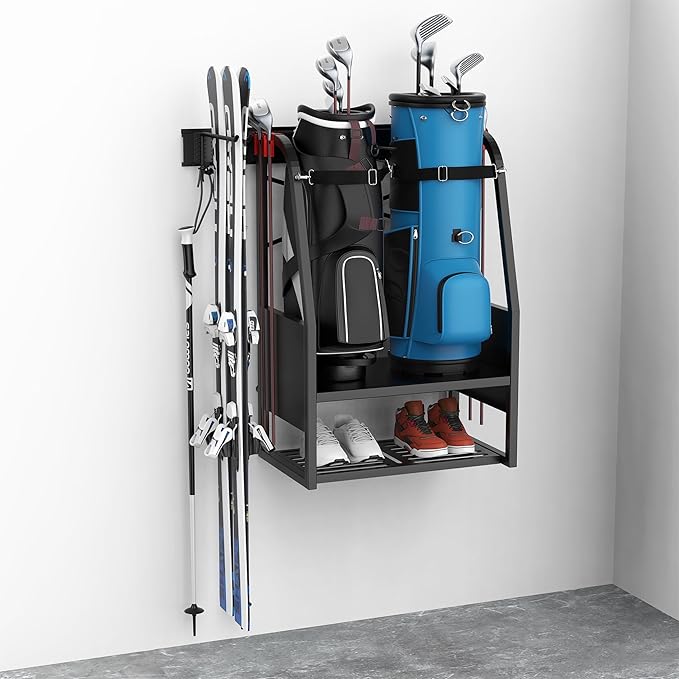 WALMANN Wall Mount Golf Bag Organizer, 2 Golf Bags Stand Golfing Equipment and Accessories Storage Rack for Garage Shed Basement