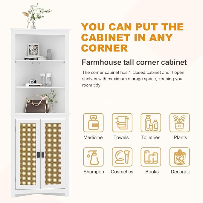 64 inch Farmhouse Corner Cabinet with 2 Barn Doors, Tall White Storage Cabinet with Adjustable Shelves, Multi-Purpose Buffet Pantry for Bathroom, Kitchen, Dining Room