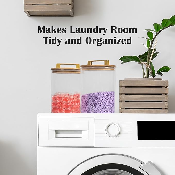 Glass Jars For Laundry Room Organization and Storage, 2 Pack -0.9 Gallon Laundry Detergent Containers for Scent Beads, Powder,Pods With Lids, 5 Labels, 2 Scoops，1 Acrylic Dryer Sheet Holder Included