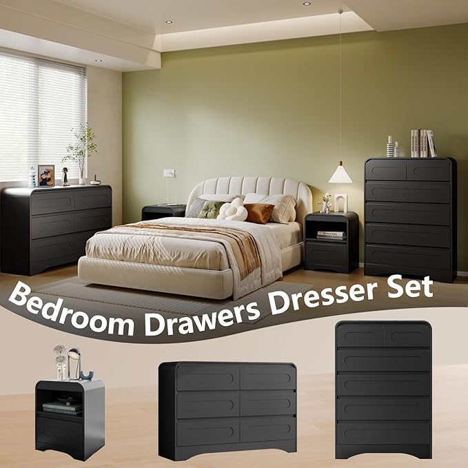 Black Dresser, Modern 6 Drawers Dressers & Chest of Drawers with Pre-installed Slide&Curved Profile Design, 47" Wide Wood Closet Clothes Storage Dressers Organizer for Bedroom Living Room Hallway