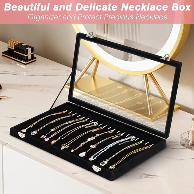 Cirhy Necklace Organizer Box, Anti-Tarnish Jewelry Box & Dustproof Necklace Case, Velvet Jewelry Tray for Drawer Storage, Tangle-Free Jewelry Organizer with Clear Lid, Christmas Gift for Women & Girls
