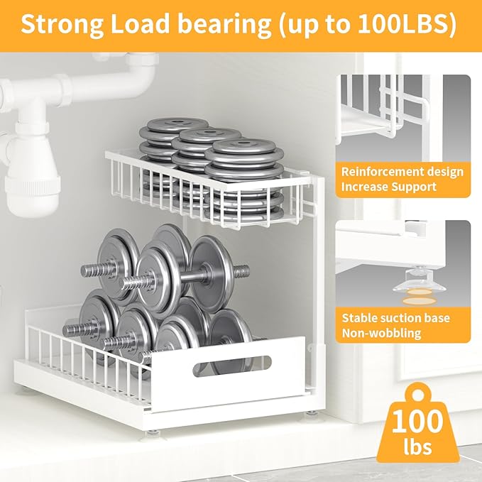 Under Sink Organizer Storage 2-Tier Premium Metal Pull-Out Racks, Height Adjustable, Easy Installation | Kitchen & Bathroom Organizers Pack of 1 White