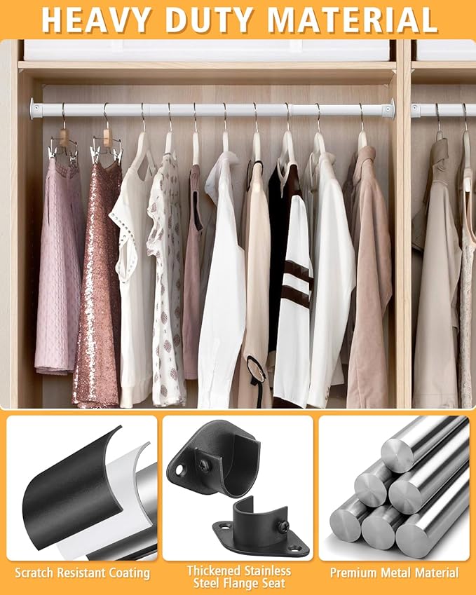 Closet Rod, 17 to 39 Inch Heavy Duty Adjustable Metal Clothing Rack for Hanging Clothes, Closet Poles for Wardrobes, Laundry, Durable Steel, White