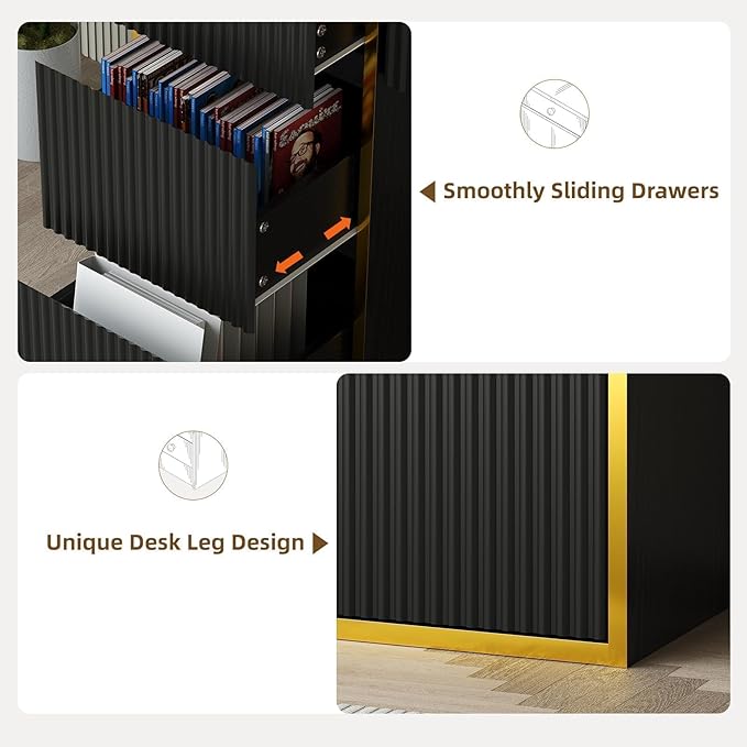 4 EVER WINNER 47'' Computer Desk with Drawers, Small Desk with Drawers File Cabinet, Writing Study Desk for Bedroom, Black Desk