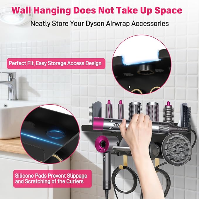 Wall Mount Hair Holder Compatible With Dyson Airwrap and Hair Dryer, Upgraded 2-in-1 Magnetic Dryer Holder Fit for Accessories Nozzles Barrels Brushes