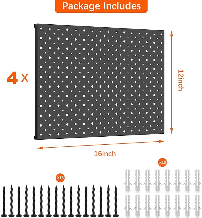 TORACK 4 PCS 12"x16" Metal Pegboard Panels for Garage, Workbench, Shop, Tool Organizer Peg Board with 1/8" & 1/4" Holes, Modular Wall-Mounted Pegboard for Pegboard Hooks (Black)
