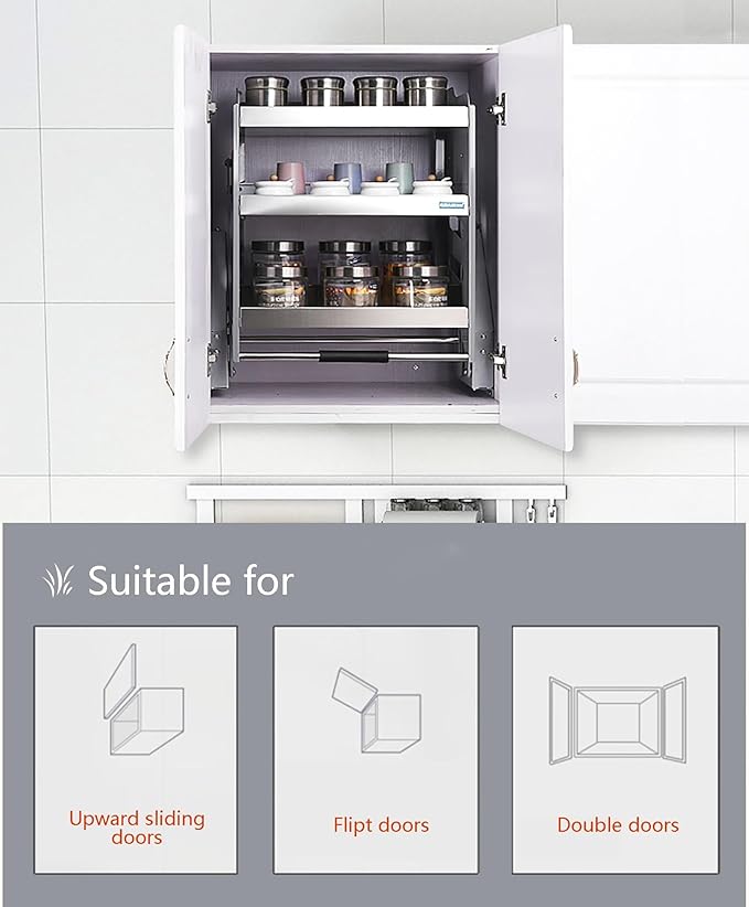 Heavy-Duty 3-Tier Pull Down Kitchen Shelf, Metal Dish & Spice Rack System for Upper Cabinets, Space-Saving Storage Solution, Easy Access Lifting Basket