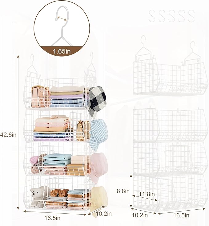4 Tier Extra Large Hanging Closet Organizer,Closet Organizer Hanging with 5 S Hooks 4 Dividers,Clothes Organizer Clothing Sweaters Clutches Handbags Hats Accessories-White