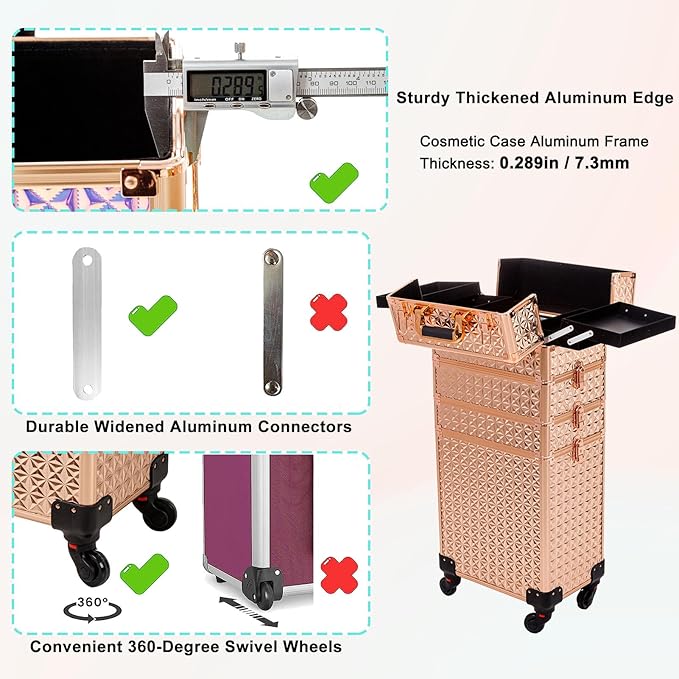 AROUS 5 in 1 Rolling Makeup Train Case Cosmetology Case on Wheels Large Cosmetic Organizer Travel Cart for Hairstylist Artist Nail Beauty Salon Barber,Gold