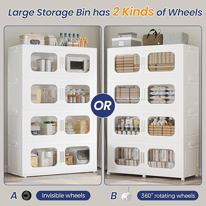 200GAL Extra Large Storage Bins with Lid, 800QT Storage Bins with Wheels, Folding Closet Organizer, Stackable Collapsible Plastic Storage Containers for Home, Office, Kitchen, 4Pack White