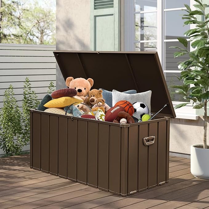 Domi 100 Gallon Metal Deck Box Waterproof, Outdoor Storage Box with Lock Wheels Side Handles Outside Storage Box for Patio Cushions, Shoes & Pool Tools