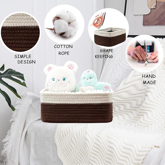 COMFY-HOMI 13" x 8.5" x 5.1" Storage Baskets for Organizing | Cotton Rope Woven Basket | Toy Storage Bin Box | Basket for Shelves,1 Pack, dark brown/white