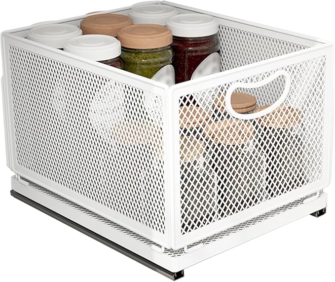Sliding Cabinet Basket Organizer Drawer Self Adhesive Slide out Pantry Shelves Heavy Duty Carbon Steel Slide Cabinet Storage Basket with Handle for Bathroom Kitchen Home