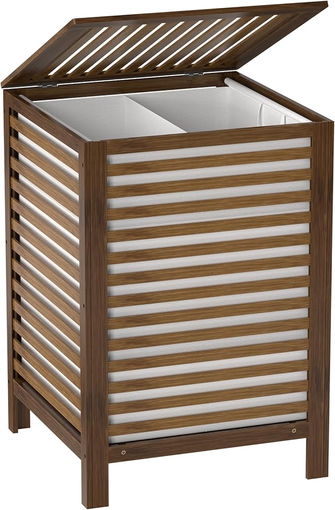 Bamboo Laundry Hamper with Lid, 120L Large Double Laundry Basket with Removable Liner Bag, 2-Section Clothes Laundry Sorter for Bedroom, Bathroom, Laundry Room,18.5 x 18.5 x 25.6 IN, Walnut