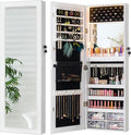 LUXFURNI Full Length Mirror with Storage, 79 LED Lights Mirror Jewelry Cabinet, Wall Mounted or Door-Hanging Jewelry Armoire Organizer with Mirror, Built-in Makeup Mirror, White