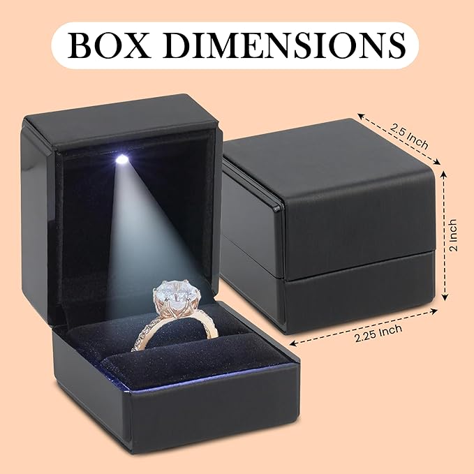 Novel Box Square Shaped Black Ring Box With LED Light 2.25X2X2.5 Inches - Jewelry Ring Case Best for Jewelry Displays - Gift Boxes for Mother's Day, Engagement, Anniversary & more Happy Occasions
