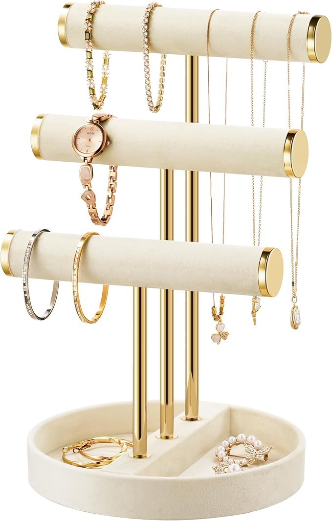 Bracelet Holder Jewelry Organizer Display - 3 Tier T Bar Velvet Stand, Beige Necklace Holder Organizer, Bracelet Holder, Earring Holder and Ring Display for Jewelry Organizers and Storage