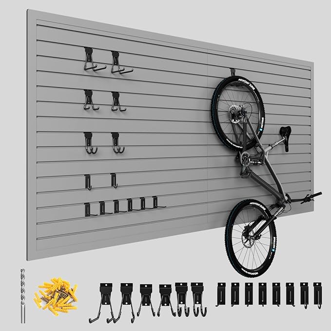 4'H x 8'W Slatwall Panel Garage Wall Organizer with 14 Hooks, Heavy Duty Slat Wall Paneling Sheets, Interlocking PVC Panels, Garage Slatwall for Tool Organization Mounted Storage Systems