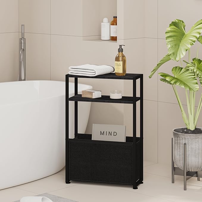 Narrow Side Table, Slim Side Table with Magazine Rack, Bathroom Table for Small Spaces, Narrow Bedside Table for Living Room, Bedroom