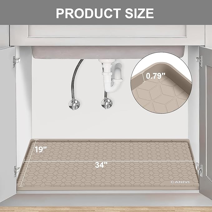 Under Sink Mat, 34" x 19" Waterproof Silicone Under Sink Tray for Kitchen & Laundry Cabinets, Kitchen Cabinet Shelf Protector, Up to 3.3 Gallons Liquid, Fits 36 inch Standard Cabinet Apricot