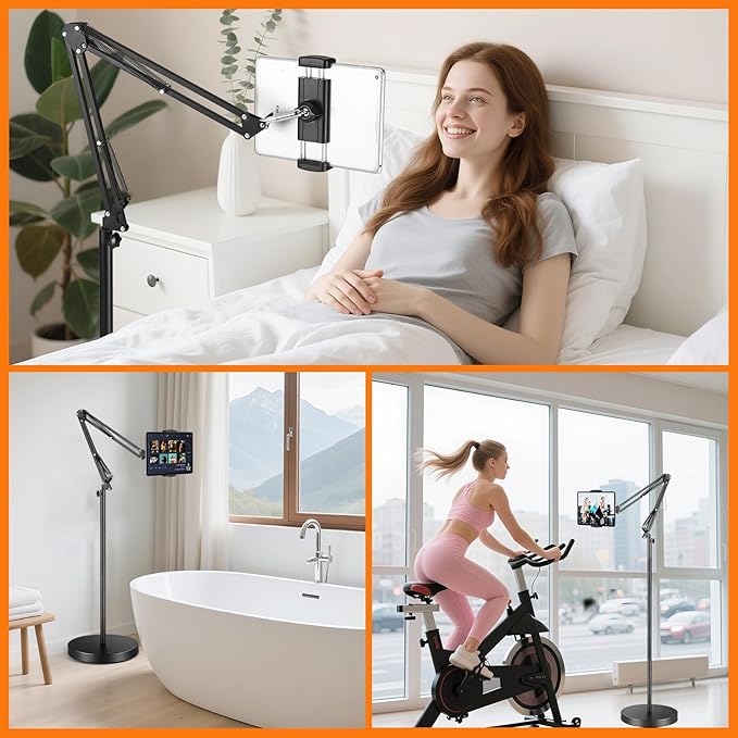 Tablet Floor Stand with 12lb Base - Adjustable Height Heat-Resistant Anti-Scratch Stretchable Swivel Holder, Compatible with iPhone iPad Pro Air Mini, Samsung, Kindle, Cell Phones 4.7"-13" - Large