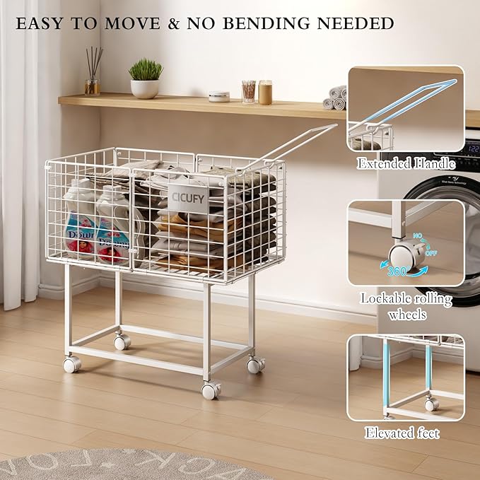 Wire Laundry Hamper, 80L Rolling Laundry Basket Cart on Wheels, Dirty Clothes Basket with Handle, Metal Clothes Hamper Organizer for Laundry Room, Bathroom, Bedroom, Dorm, White
