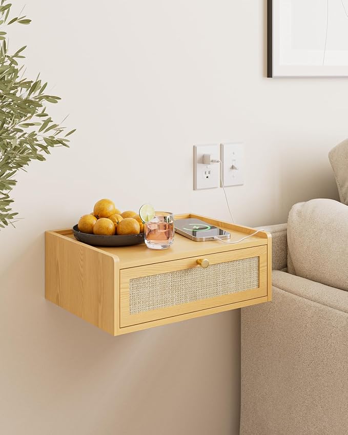 Floating Nightstand,Wall Mounted Night Stand with Drawer,Small Floating Shelves,Floating Wood Bedside Table for Bedroom、Living Room、Bathroom