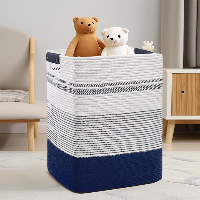 DOFASAYI Laundry Basket - 85L Large Woven Baskets for Storage - Cotton Rope Laundry Hamper, Decorative Storage Basket for Blankets, Clothes Hamper for Living Room, Bedroom, Dark Blue & White