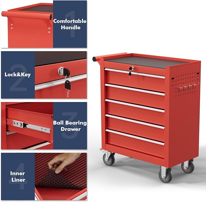 5-Drawer Tool Chest,Rolling Tool Cart with Wheels,High Capacity Tool Cabinet with Locking System for Garage, Warehouse, Workshop-Red