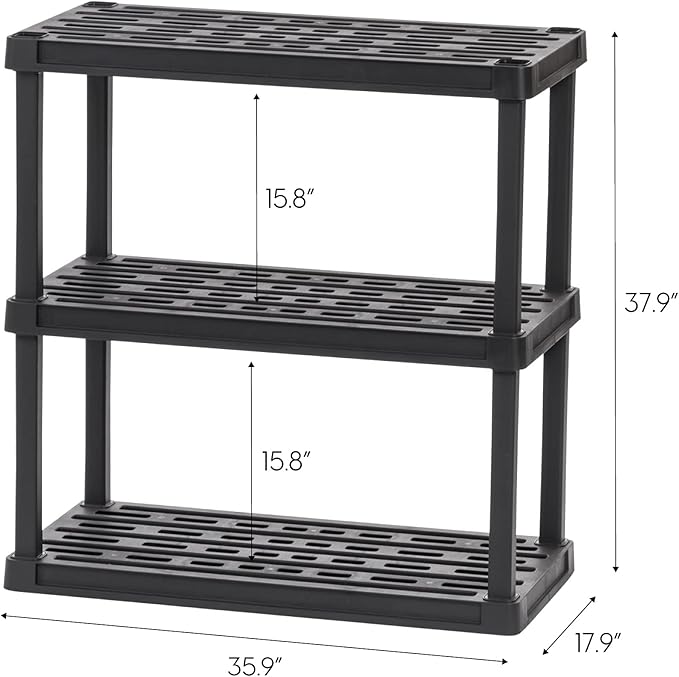 IRIS USA 3-Shelf Heavy Duty Plastic Storage Shelves, 450lb Capacity, 38" H x 36" W x 18" D, Large Modular Shelving Unit Storage Organizer for Garage, Home, Warehouse & Gym, Storage Rack - Black