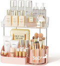 Rotating Makeup Organizer w/Makeup Brush Holder, 2 Tier Bathroom Countertop Organizers, Large Cosmetic Organizer Countertop, Vanity Organizers and Storage for Skincare, Lotion, Lipstick -Pink