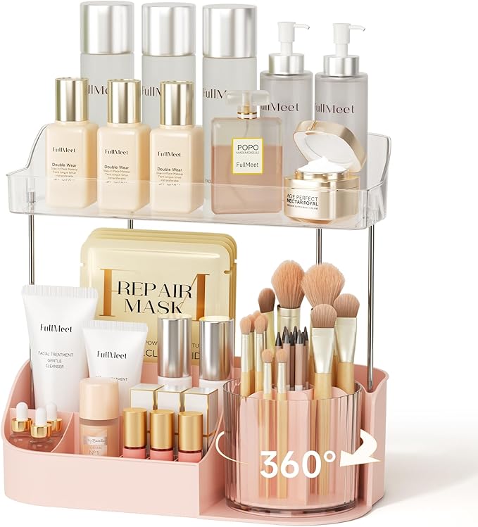 Rotating Makeup Organizer w/Makeup Brush Holder, 2 Tier Bathroom Countertop Organizers, Large Cosmetic Organizer Countertop, Vanity Organizers and Storage for Skincare, Lotion, Lipstick -Pink