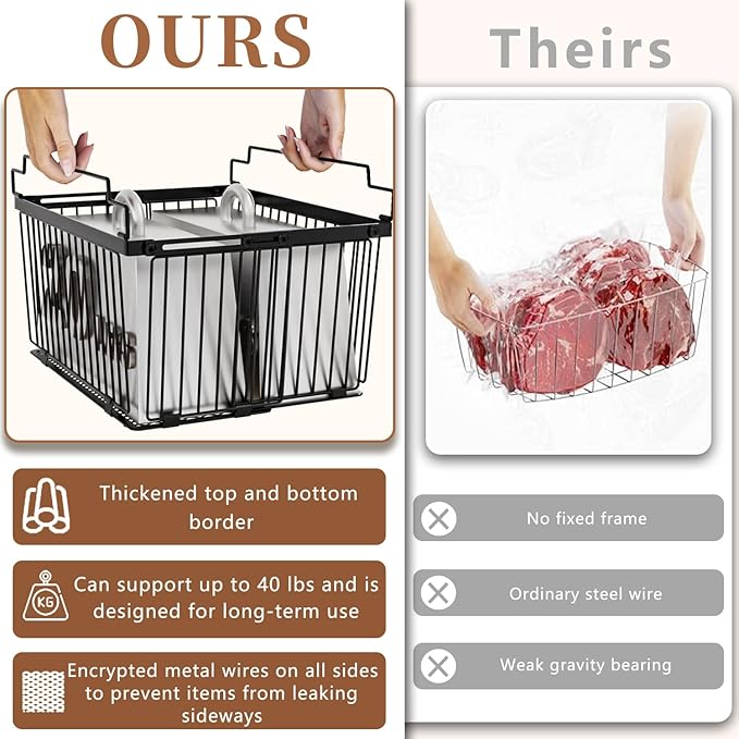 Large Freezer Organizer Bins，Upgraded Bottom Leak-Proof net，Fit 5 to 9 Cu Ft Chest Freezer，4 Pack， Expandable Stackable Chest Freezer Containers with Handle (Black--4Pack)