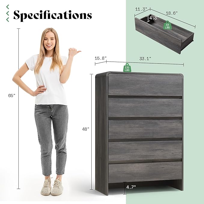 AMERLIFE 5 Drawer Dresser for Bedroom, 48" Tall Modern Chest of Storage Drawers with Rounded Corners, Anti-Tip Kit, Wood Cabinet Organizer for Closet, Apartment, Nursery, Easy Assembly, Black