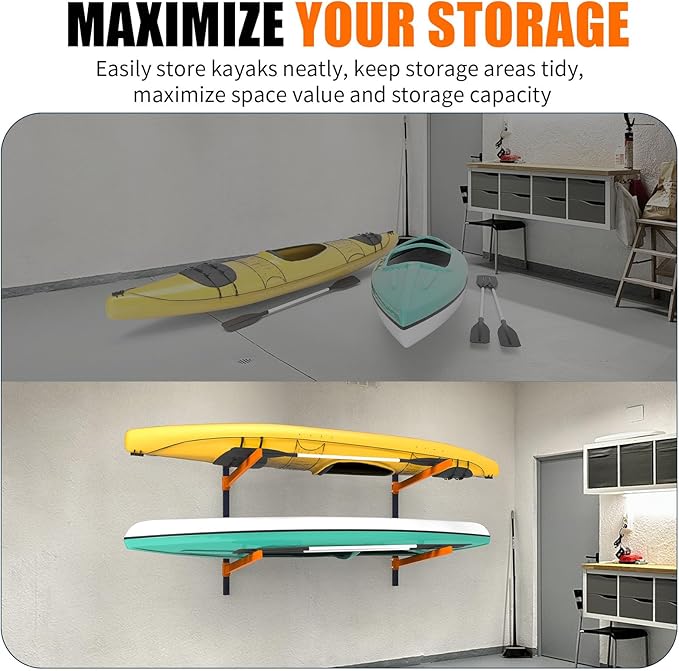 Kayak Storage Rack, Wall Mount Kayak Racks for Indoor Outdoor Storage, Heavy Duty Adjustable Kayak Rack for Garage, Spacesaver