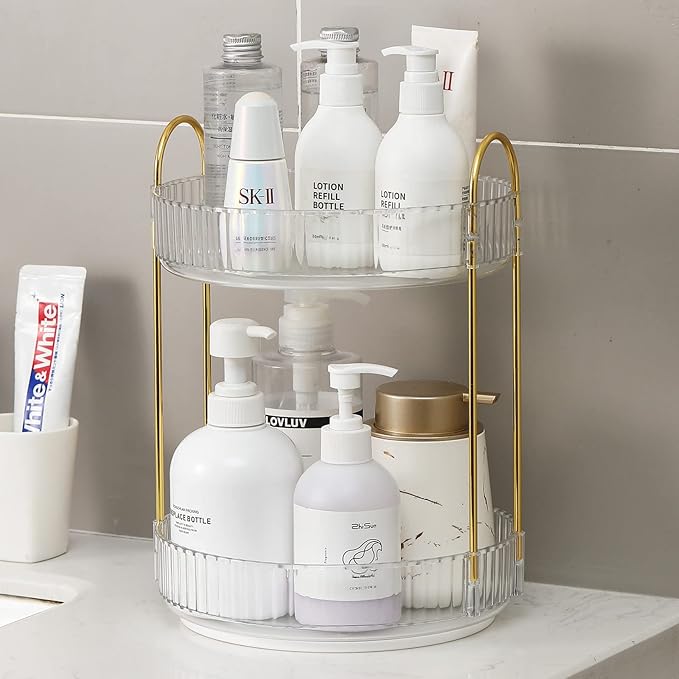 360 Rotating Makeup Organizer for Vanity, Bathroom Countertop Spinning Perfume Organizer, High-Capacity Cosmetic and Skincare Dresser Make Up Holder Rack (2 Tiers, White)