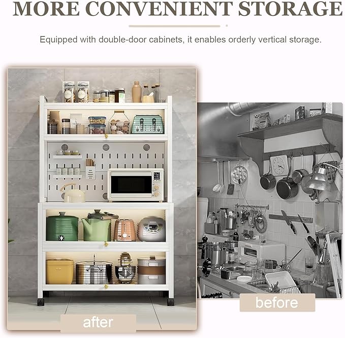 Mobile Kitchen Storage Cart with Wheels,Wheeled Multi-Layer Floor Storage Cabinet with Locker Hole Board Freestanding Storage Cabinet Rust Proof Microwave Oven Pot Oven Rack