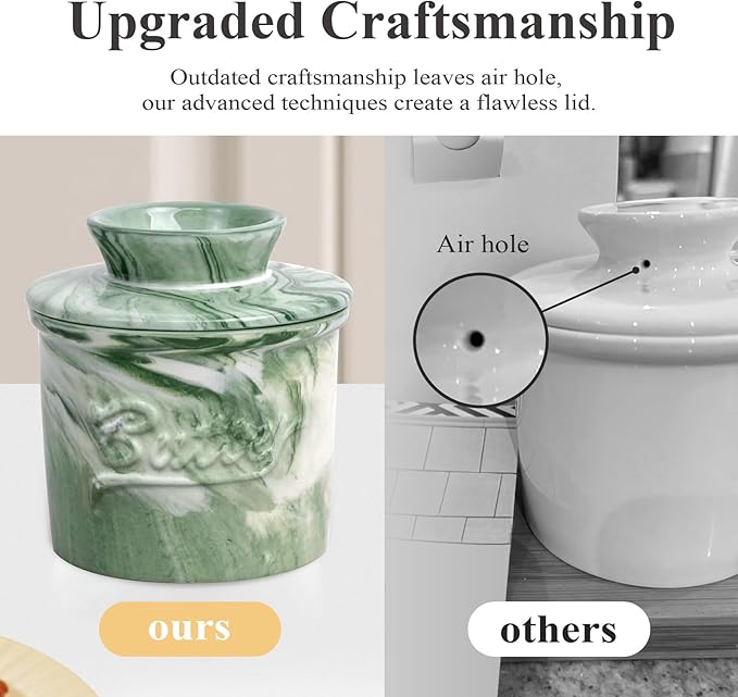 Ceramic Butter Crock with Lid & Spreader Knife, Butter Keeper - Ideal Butter Storage & Countertop Butter Dish (Marble Green with Marble Green Knife, M)