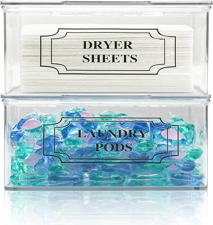 SSTATES Clear Acrylic Dryer Sheets Holder, Flip-top Laundry Pods Container with 2 Label Decals for Laundry Room Organization and Décor, Stackable Storage Box (1 Pc)