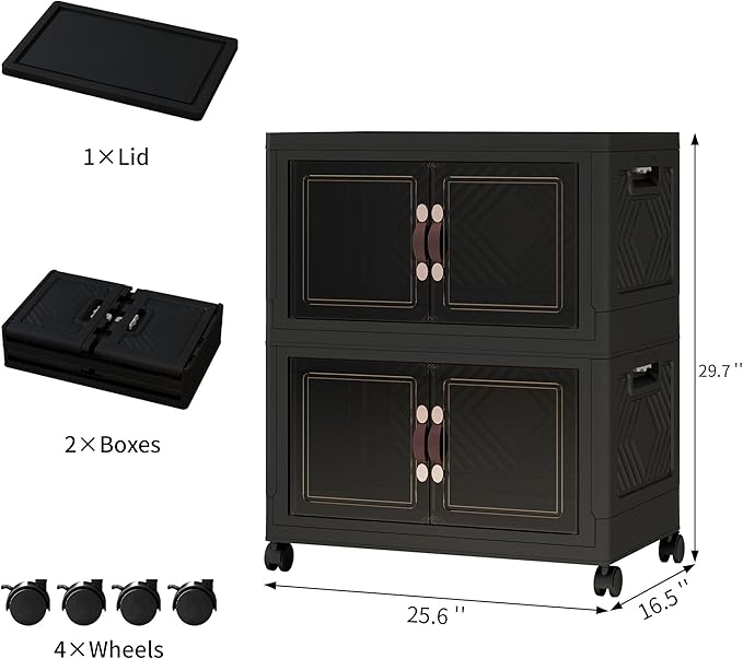Storage Bins with Lids and Wheels, Collapsible Bathroom Storage Cabinet with Clear Doors, Plastic Stackable Closet Organizers and Storage Containers Black 199 QT
