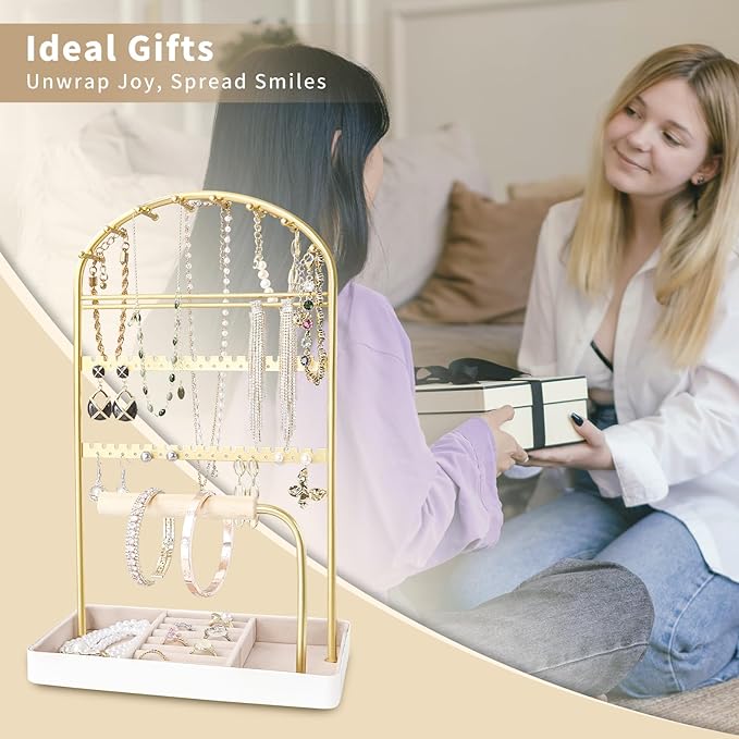 Multi-Functional Jewelry Holder Organizer Necklace Display Stand Velvet Lined Bar for Rings 2 Tier with 18 Hooks, 32 Earring Holes - Sturdy and Durable, Easy Organization White & Gold